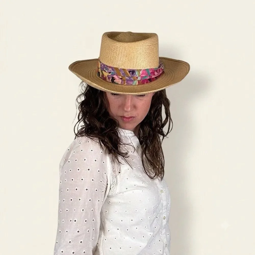 Vintage Straw Fedora Panama Hat Floral Scarf Band Wide Brim Summer Beach